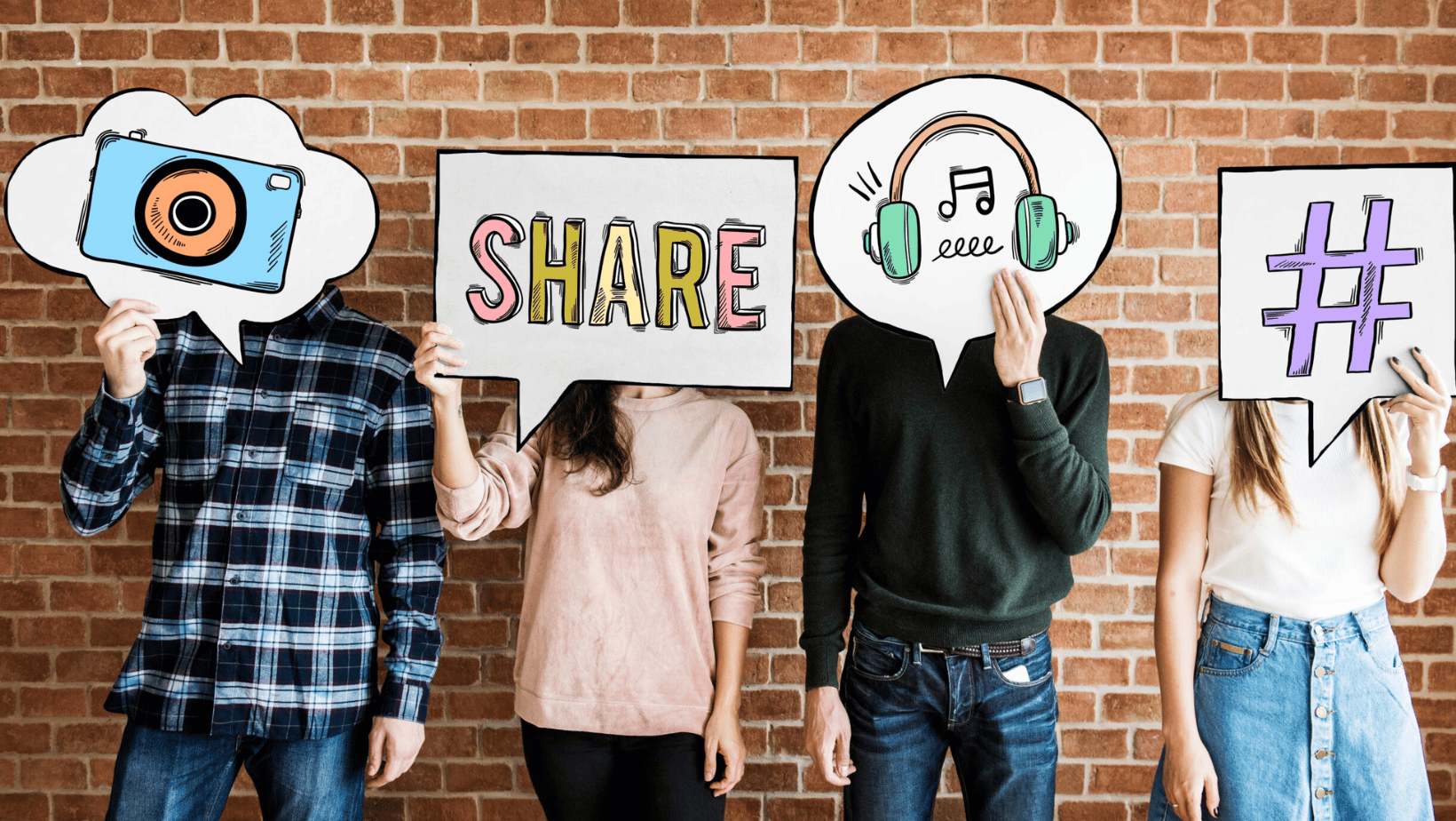 A team is holding up symbols of social media success: likes, shares, comments, and followers represent Engage in Ascend Adwerks' 3E Advancement Model.
