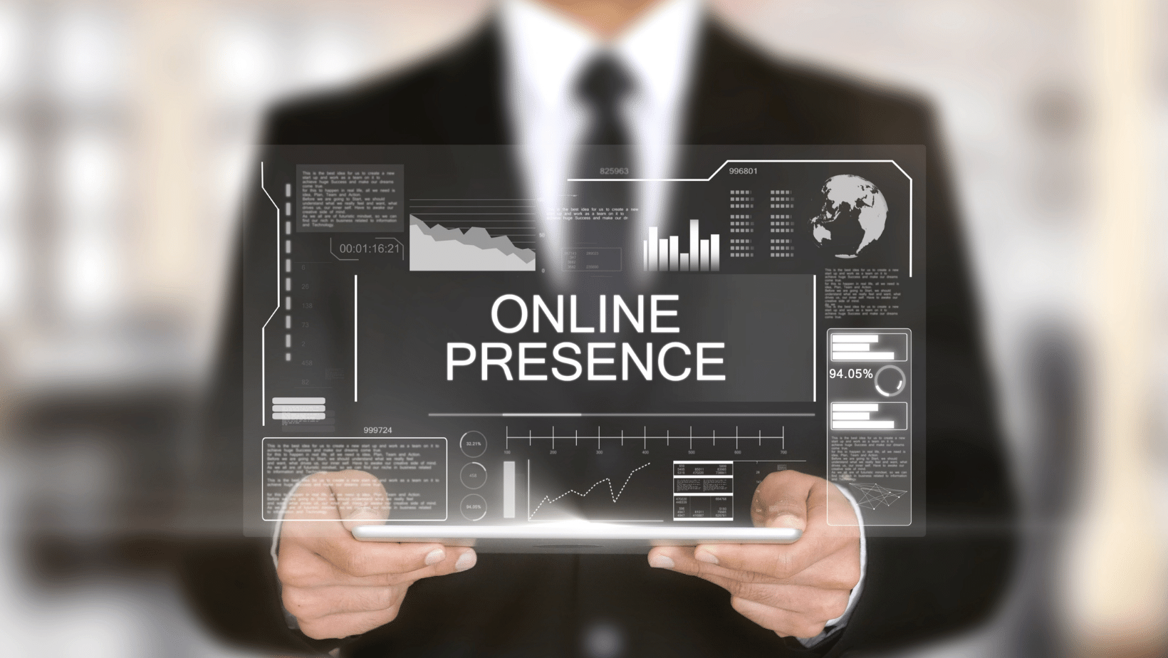 A businessman holding a tablet with an 'online presence' represents Elevate in Ascend Adwerks' 3E Advancement Model.