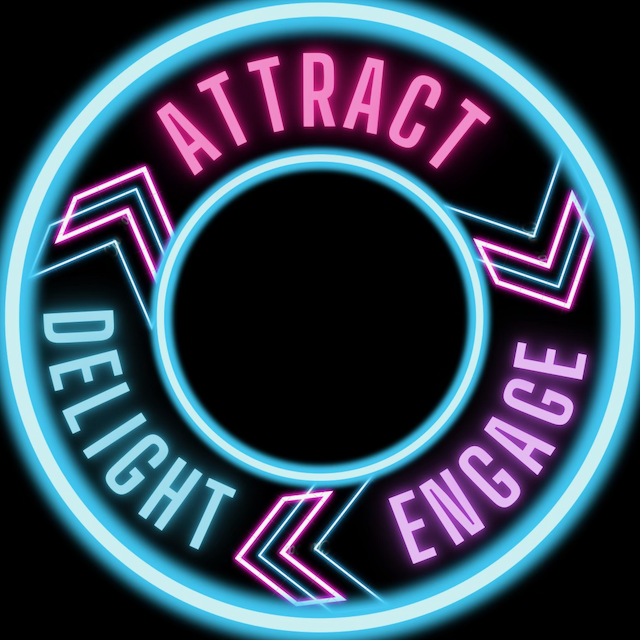 Neon 'Attract, Delight, Engage' flywheel with neon arrows.