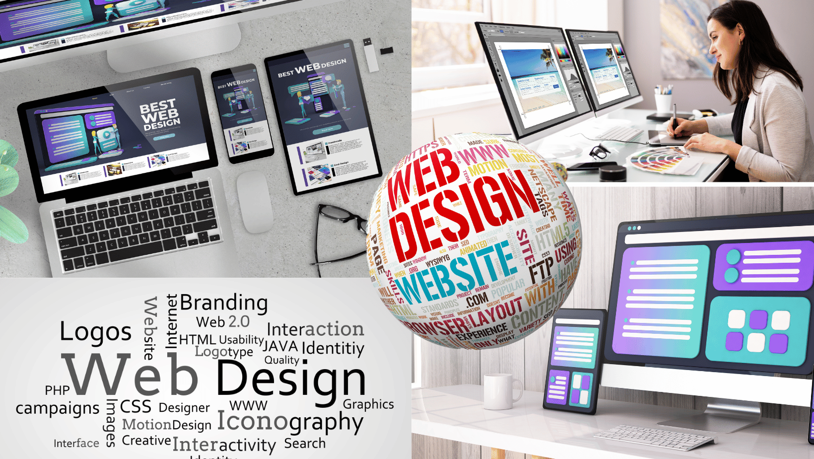 Collage of sharp web design visuals showcasing Ascend Adwerks' Quick Wins services for rapid, high-quality website creation and optimization.